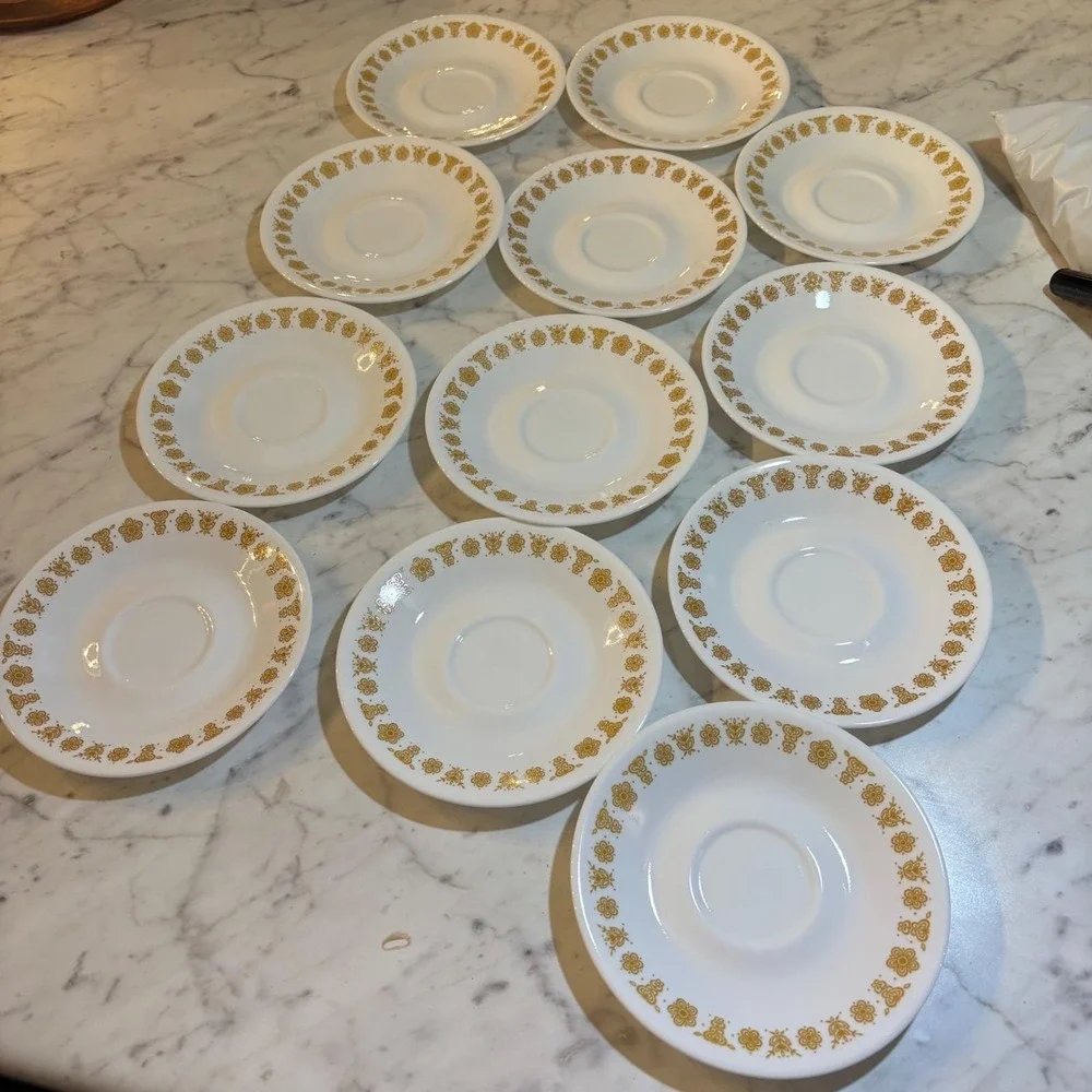 12 Vintage Corelle Butterfly Gold Saucers Corning Vitrelle White Gold Floral Set